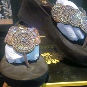 Yellow Box Black Sandals with Gold Accents